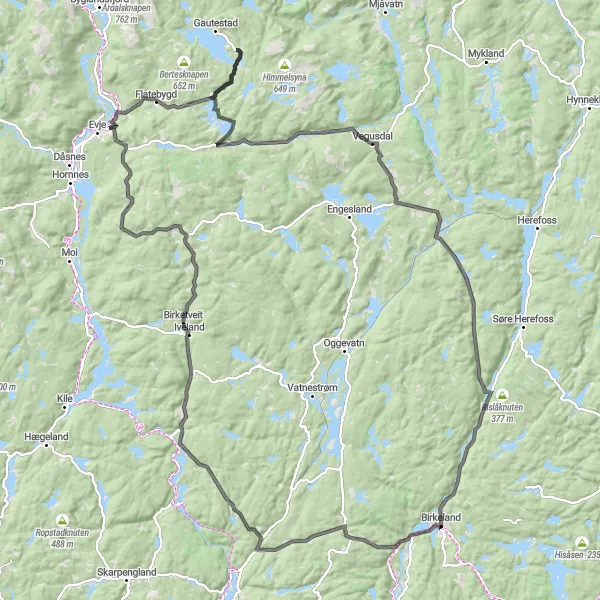 Kartminiatyr av "Mollestadeika til Vegusdal Rundtur" sykkelinspirasjon i Agder og Sør-Østlandet, Norway. Generert av Tarmacs.app sykkelrutoplanlegger