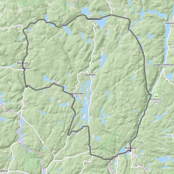 Kartminiatyr av "Øvre Engesland og Birketveit Rundtur" sykkelinspirasjon i Agder og Sør-Østlandet, Norway. Generert av Tarmacs.app sykkelrutoplanlegger