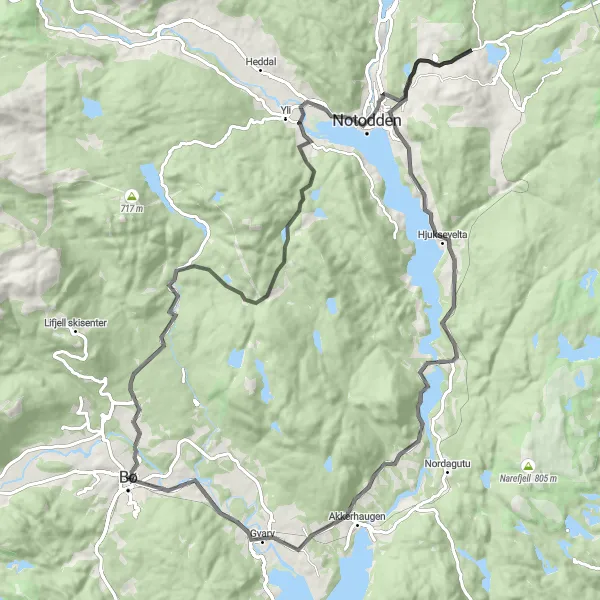 Map miniature of "Notodden Hjukse Gvarv Circuit" cycling inspiration in Agder og Sør-Østlandet, Norway. Generated by Tarmacs.app cycling route planner