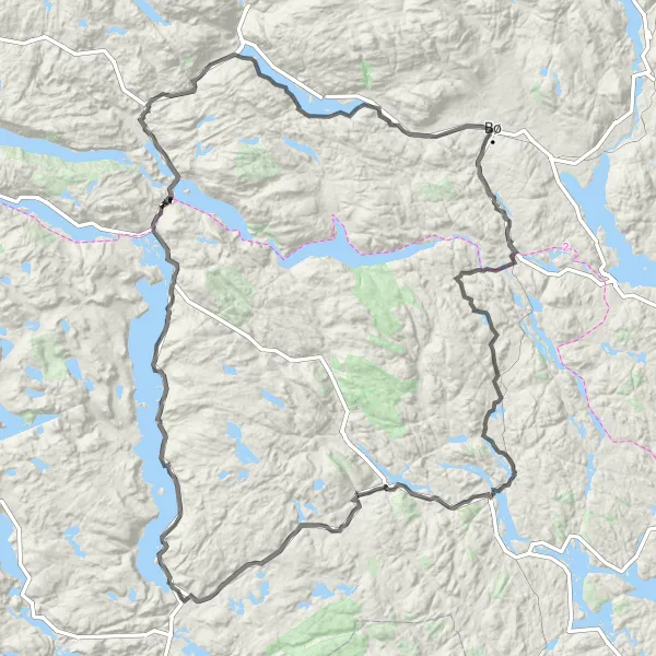 Map miniature of "The Rolling Hills and Lakes Route" cycling inspiration in Agder og Sør-Østlandet, Norway. Generated by Tarmacs.app cycling route planner