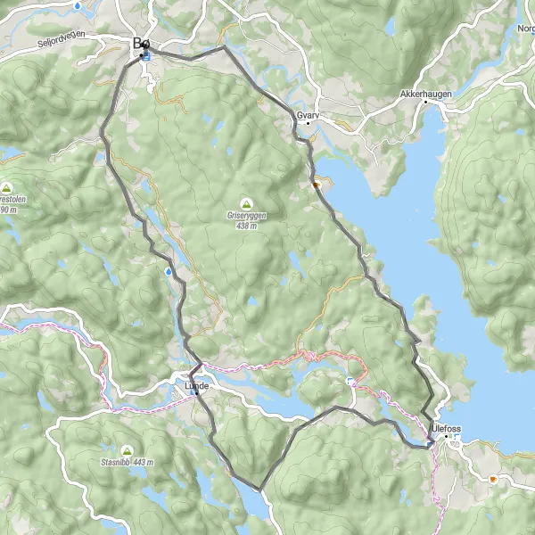 Map miniature of "Bø-Ulefoss-Vrangfoss Loop" cycling inspiration in Agder og Sør-Østlandet, Norway. Generated by Tarmacs.app cycling route planner