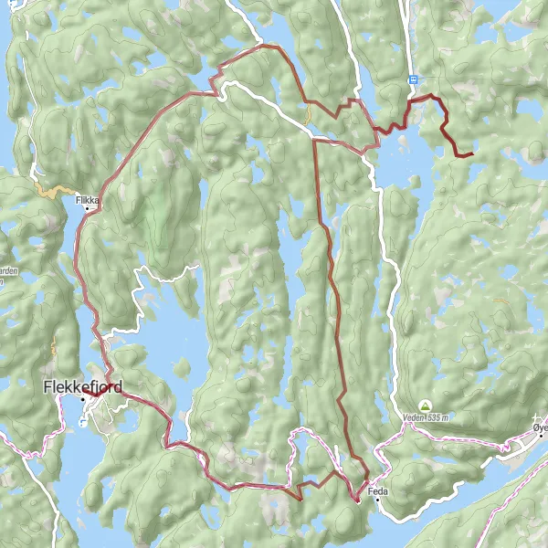 Map miniature of "Flekkefjord Gravel Adventure" cycling inspiration in Agder og Sør-Østlandet, Norway. Generated by Tarmacs.app cycling route planner