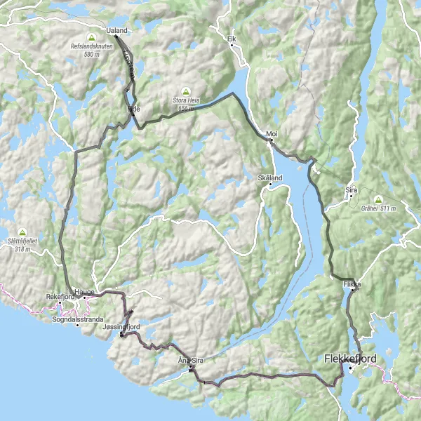 Map miniature of "Flekkefjord - Åna-Sira Round Trip" cycling inspiration in Agder og Sør-Østlandet, Norway. Generated by Tarmacs.app cycling route planner