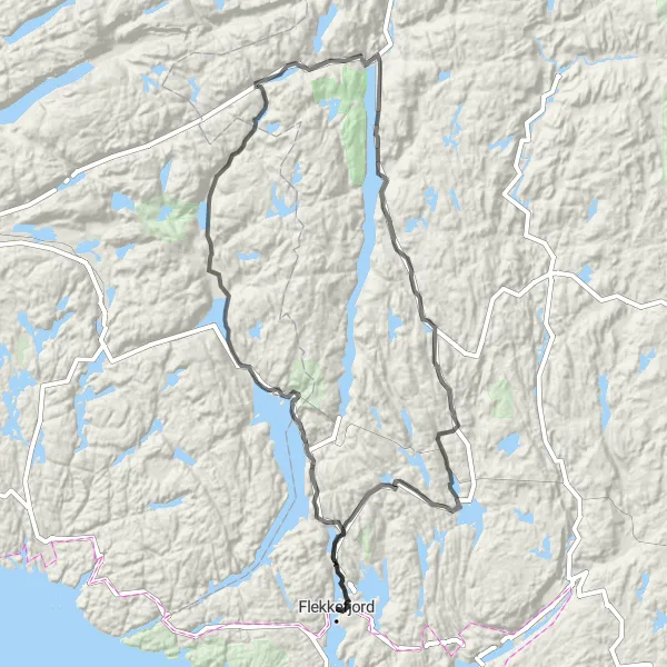 Map miniature of "Flekkefjord to Moi Loop" cycling inspiration in Agder og Sør-Østlandet, Norway. Generated by Tarmacs.app cycling route planner