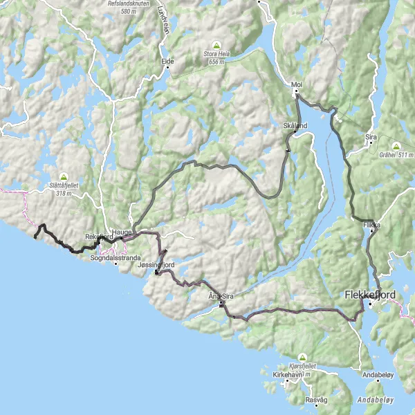 Kartminiatyr av "Kysteventyr og fjellpanorama" sykkelinspirasjon i Agder og Sør-Østlandet, Norway. Generert av Tarmacs.app sykkelrutoplanlegger