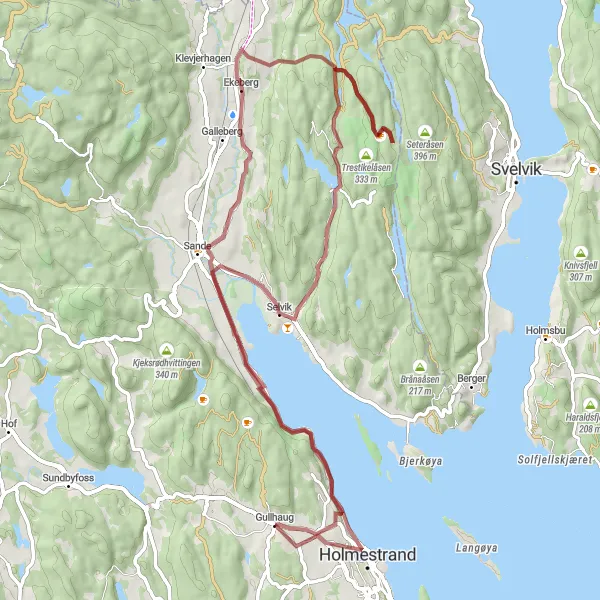 Map miniature of "Liglaneren - Selvik - Sveltleinåsen - Storås - Holmestrand" cycling inspiration in Agder og Sør-Østlandet, Norway. Generated by Tarmacs.app cycling route planner