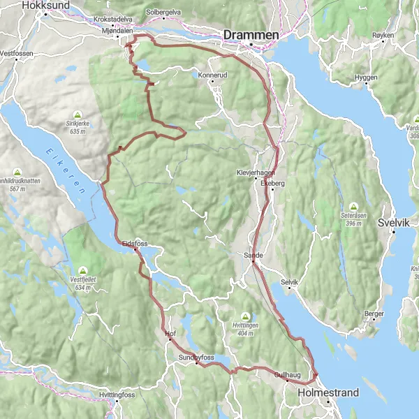 Map miniature of "The Hidden Trails" cycling inspiration in Agder og Sør-Østlandet, Norway. Generated by Tarmacs.app cycling route planner