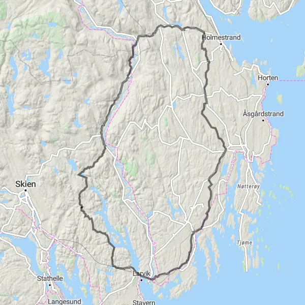 Map miniature of "Ramnes - Sem - Gokstadhaugen - Larvik - Kjose - Oklungen - Steinsholt - Hvittingfoss - Sundbyfoss" cycling inspiration in Agder og Sør-Østlandet, Norway. Generated by Tarmacs.app cycling route planner