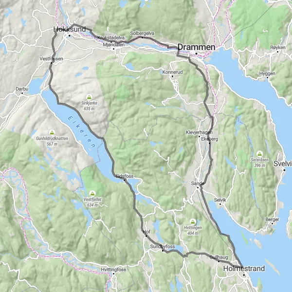 Map miniature of "Hof - Eidsfoss - Fossesholm - Solbergelva - Fjell" cycling inspiration in Agder og Sør-Østlandet, Norway. Generated by Tarmacs.app cycling route planner