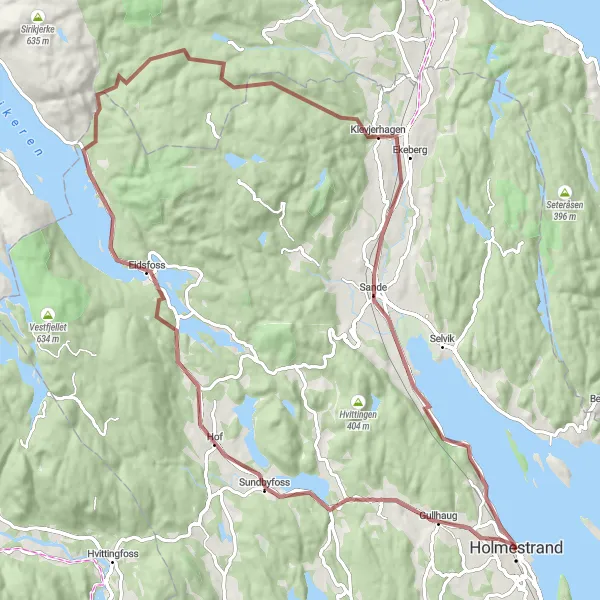 Kartminiatyr av "Sundbyfoss og Eidsfoss Grusvei Loop" sykkelinspirasjon i Agder og Sør-Østlandet, Norway. Generert av Tarmacs.app sykkelrutoplanlegger