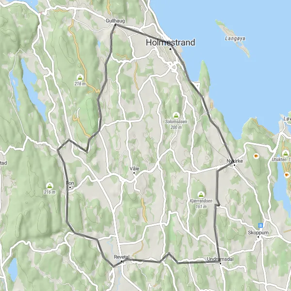 Kartminiatyr av "Kystopplevelser og idylliske landsbyer" sykkelinspirasjon i Agder og Sør-Østlandet, Norway. Generert av Tarmacs.app sykkelrutoplanlegger