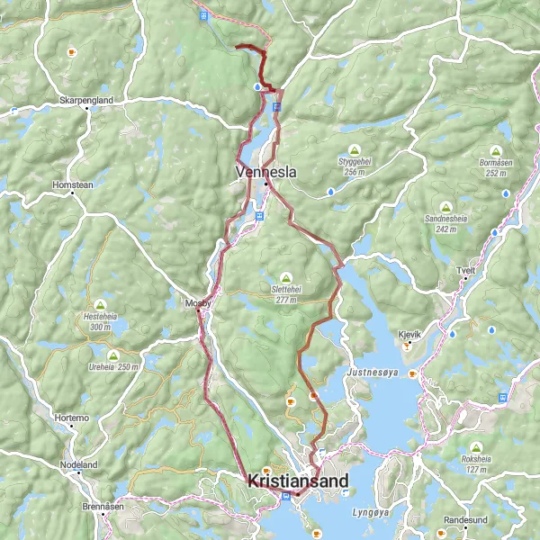 Map miniature of "Gorgeous Gravel Trail" cycling inspiration in Agder og Sør-Østlandet, Norway. Generated by Tarmacs.app cycling route planner