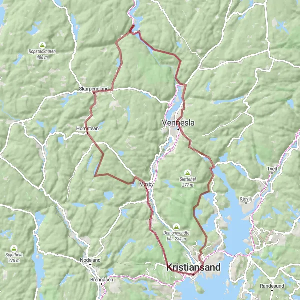 Map miniature of "Vehusknausen to Ålefjær" cycling inspiration in Agder og Sør-Østlandet, Norway. Generated by Tarmacs.app cycling route planner