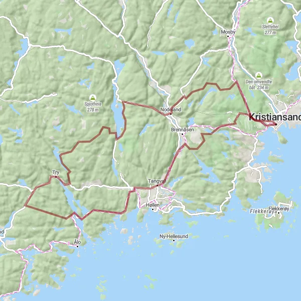 Kartminiatyr av "Grustur Gjennom Agders Natur" sykkelinspirasjon i Agder og Sør-Østlandet, Norway. Generert av Tarmacs.app sykkelrutoplanlegger