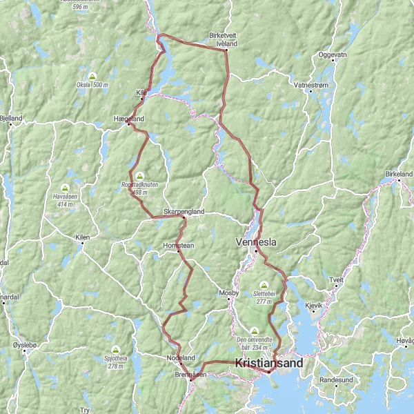 Map miniature of "Kristiansand Gravel Adventure" cycling inspiration in Agder og Sør-Østlandet, Norway. Generated by Tarmacs.app cycling route planner