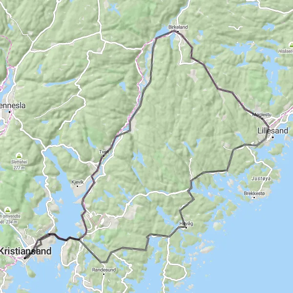 Kartminiatyr av "Kulturell reise gjennom Birkeland og Lillesand" sykkelinspirasjon i Agder og Sør-Østlandet, Norway. Generert av Tarmacs.app sykkelrutoplanlegger