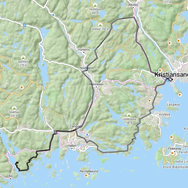 Map miniature of "Voiebyen to Lunde" cycling inspiration in Agder og Sør-Østlandet, Norway. Generated by Tarmacs.app cycling route planner