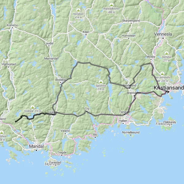 Kartminiatyr av "Lang kysteventyr gjennom Søgne og Nodeland" sykkelinspirasjon i Agder og Sør-Østlandet, Norway. Generert av Tarmacs.app sykkelrutoplanlegger