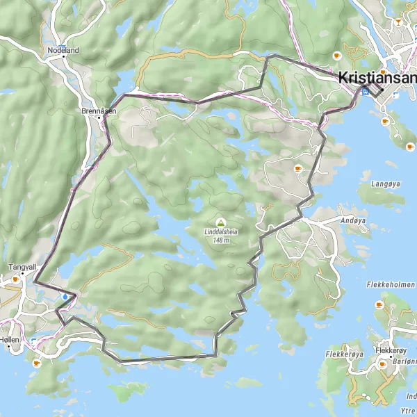 Kartminiatyr av "Utfordrende kysttur i nærheten av Kristiansand" sykkelinspirasjon i Agder og Sør-Østlandet, Norway. Generert av Tarmacs.app sykkelrutoplanlegger