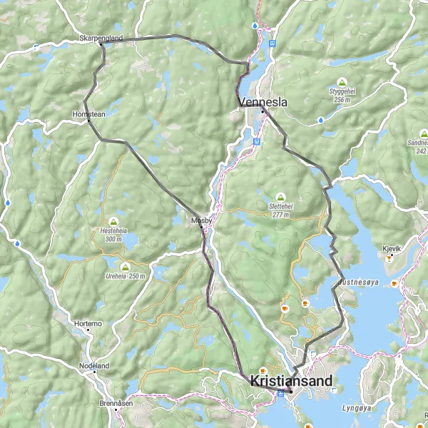 Map miniature of "Mosby to Baleheia" cycling inspiration in Agder og Sør-Østlandet, Norway. Generated by Tarmacs.app cycling route planner