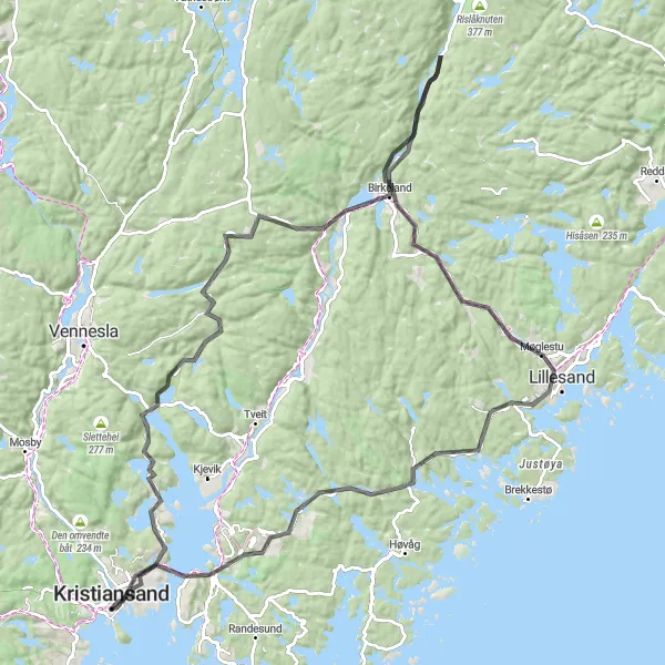 Kartminiatyr av "Naturskjønne Eventyr rundt Kristiansand" sykkelinspirasjon i Agder og Sør-Østlandet, Norway. Generert av Tarmacs.app sykkelrutoplanlegger