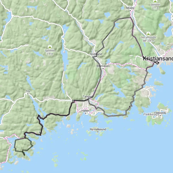 Kartminiatyr av "Oppdag Sørlandets Skjønnhet" sykkelinspirasjon i Agder og Sør-Østlandet, Norway. Generert av Tarmacs.app sykkelrutoplanlegger
