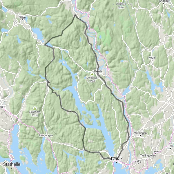 Map miniature of "Larvik Loop" cycling inspiration in Agder og Sør-Østlandet, Norway. Generated by Tarmacs.app cycling route planner