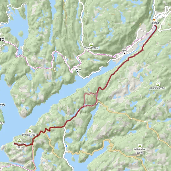 Map miniature of "Liknes to Utsikten Kvinesdal Gravel Cycling Route" cycling inspiration in Agder og Sør-Østlandet, Norway. Generated by Tarmacs.app cycling route planner