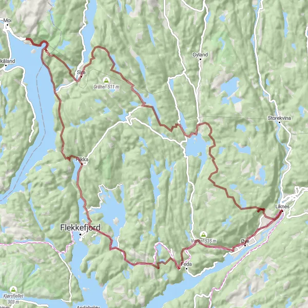 Map miniature of "Liknes to Veden Gravel Cycling Route" cycling inspiration in Agder og Sør-Østlandet, Norway. Generated by Tarmacs.app cycling route planner