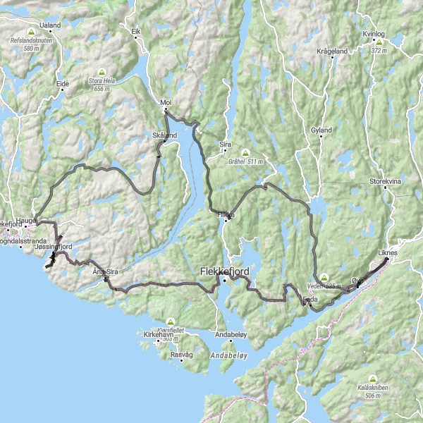 Map miniature of "Liknes to Jøssingfjord Road Cycling Route" cycling inspiration in Agder og Sør-Østlandet, Norway. Generated by Tarmacs.app cycling route planner