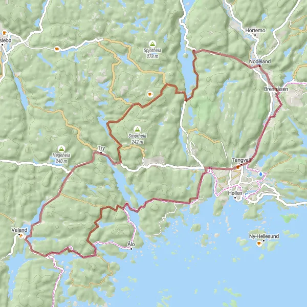 Kartminiatyr av "Eventyrlig Sykkeltur fra Nodeland til Greipstad" sykkelinspirasjon i Agder og Sør-Østlandet, Norway. Generert av Tarmacs.app sykkelrutoplanlegger
