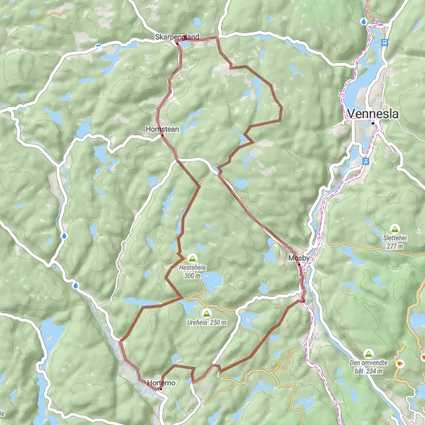 Kartminiatyr av "Utforsk Hesteheia og Rypestøl på 45 kilometer lang grusrute" sykkelinspirasjon i Agder og Sør-Østlandet, Norway. Generert av Tarmacs.app sykkelrutoplanlegger