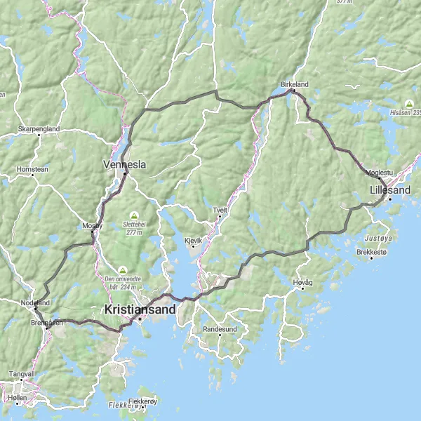 Map miniature of "Scenic Villages and Challenging Climbs" cycling inspiration in Agder og Sør-Østlandet, Norway. Generated by Tarmacs.app cycling route planner