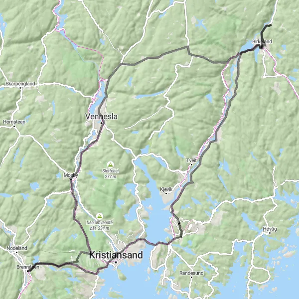 Map miniature of "Mosby and Birkeland Adventure" cycling inspiration in Agder og Sør-Østlandet, Norway. Generated by Tarmacs.app cycling route planner