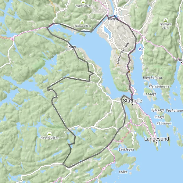 Map miniature of "Breathtaking Coastal and Countryside Blend" cycling inspiration in Agder og Sør-Østlandet, Norway. Generated by Tarmacs.app cycling route planner