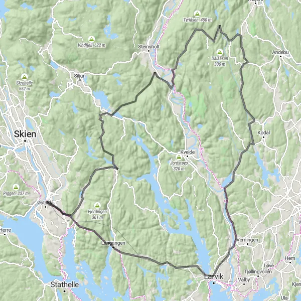 Kartminiatyr av "Larvik to Porsgrunn via Langangen" sykkelinspirasjon i Agder og Sør-Østlandet, Norway. Generert av Tarmacs.app sykkelrutoplanlegger