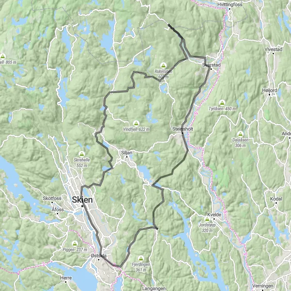 Map miniature of "Gjerpen Circuit" cycling inspiration in Agder og Sør-Østlandet, Norway. Generated by Tarmacs.app cycling route planner