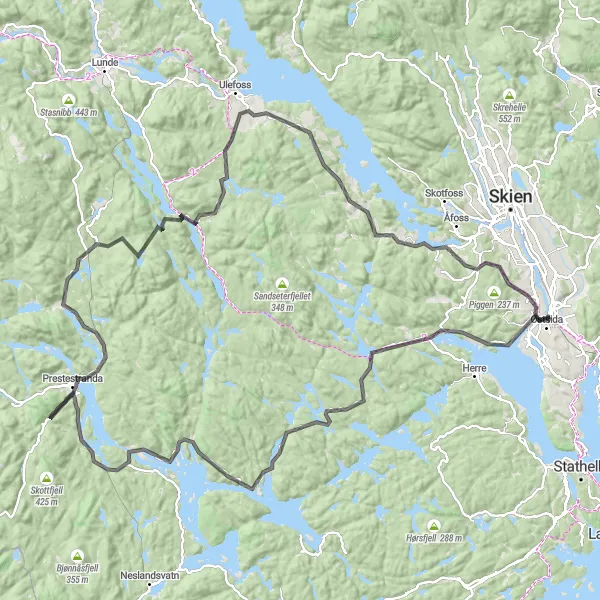 Map miniature of "Torsberg Loop" cycling inspiration in Agder og Sør-Østlandet, Norway. Generated by Tarmacs.app cycling route planner