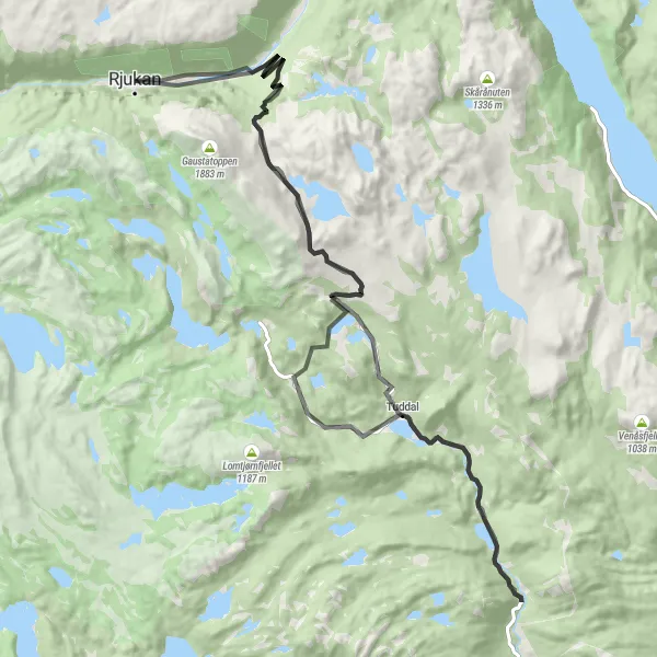 Kartminiatyr av "Rjukan til Tuddal sykkelrute" sykkelinspirasjon i Agder og Sør-Østlandet, Norway. Generert av Tarmacs.app sykkelrutoplanlegger