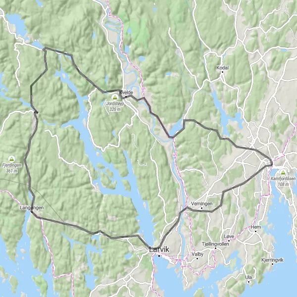 Map miniature of "Larvik - Langangen - Oklungen - Kvelde - Numedalslågen - Bugården" cycling inspiration in Agder og Sør-Østlandet, Norway. Generated by Tarmacs.app cycling route planner