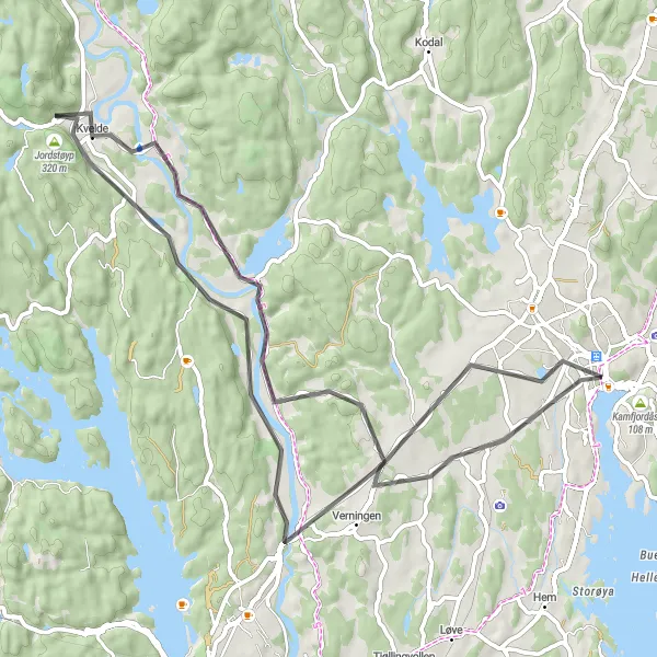 Map miniature of "Sandefjord - Hedrum - Numedalslågen - Kvelde - Bugården" cycling inspiration in Agder og Sør-Østlandet, Norway. Generated by Tarmacs.app cycling route planner