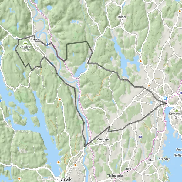 Map miniature of "The Bugården Loop" cycling inspiration in Agder og Sør-Østlandet, Norway. Generated by Tarmacs.app cycling route planner