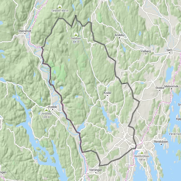 Map miniature of "Sandefjord - Hedrum - Numedalslågen - Breidablikk" cycling inspiration in Agder og Sør-Østlandet, Norway. Generated by Tarmacs.app cycling route planner