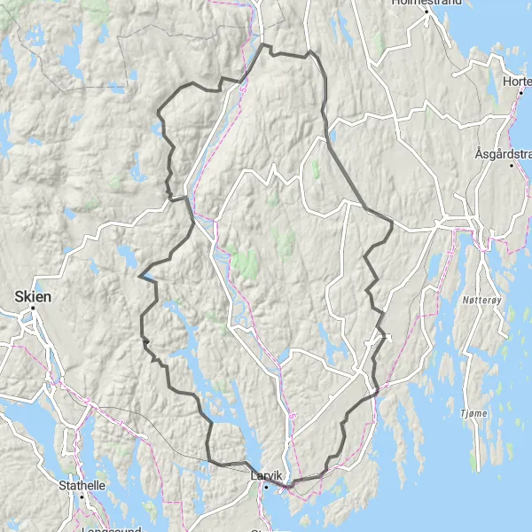 Map miniature of "Majestic Views of Larvik" cycling inspiration in Agder og Sør-Østlandet, Norway. Generated by Tarmacs.app cycling route planner