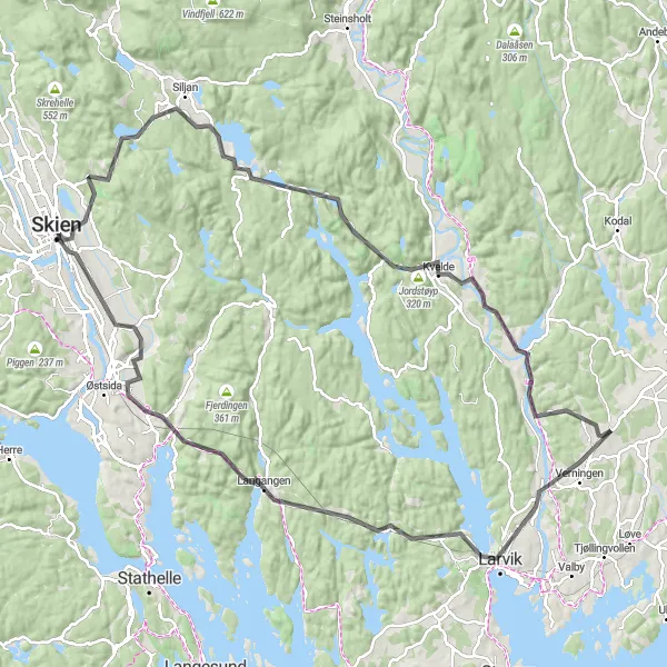 Map miniature of "The Mountainous Challenge" cycling inspiration in Agder og Sør-Østlandet, Norway. Generated by Tarmacs.app cycling route planner