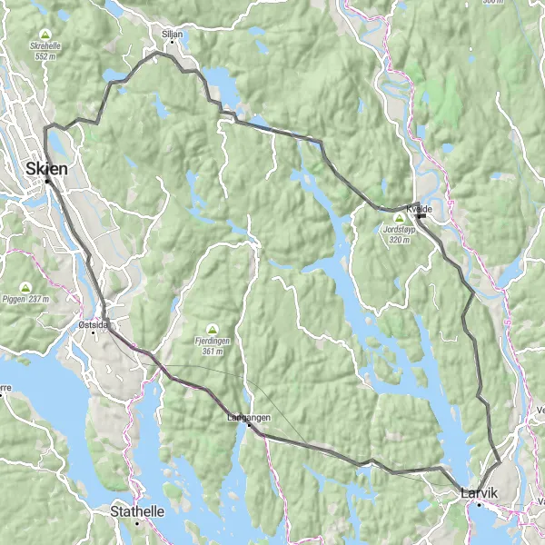 Kartminiatyr av "Oppdag Gjerpen og Langangen på sykkel" sykkelinspirasjon i Agder og Sør-Østlandet, Norway. Generert av Tarmacs.app sykkelrutoplanlegger