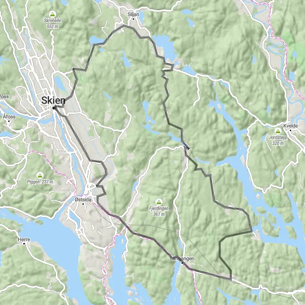 Kartminiatyr av "Utforsk Kjose og Langangen på to hjul" sykkelinspirasjon i Agder og Sør-Østlandet, Norway. Generert av Tarmacs.app sykkelrutoplanlegger