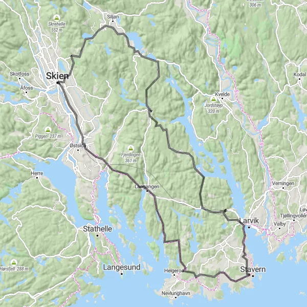 Map miniature of "The Coastal Adventure" cycling inspiration in Agder og Sør-Østlandet, Norway. Generated by Tarmacs.app cycling route planner