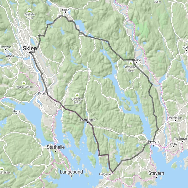Map miniature of "Skien to Eidanger Loop" cycling inspiration in Agder og Sør-Østlandet, Norway. Generated by Tarmacs.app cycling route planner