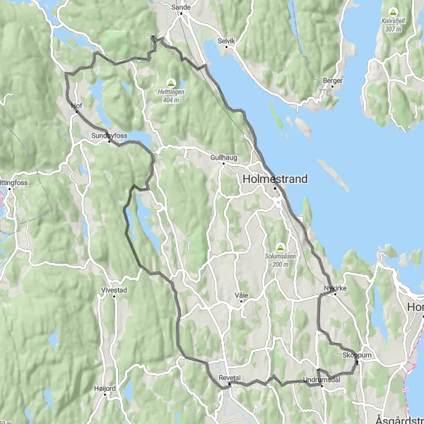 Map miniature of "Skoppum to Holmestrand Loop" cycling inspiration in Agder og Sør-Østlandet, Norway. Generated by Tarmacs.app cycling route planner